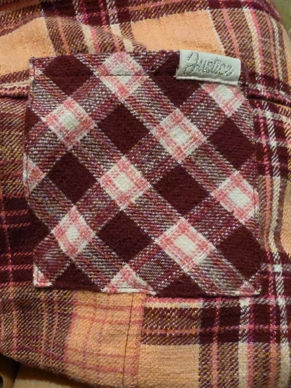 Justice Peach & Burgundy Plaid Hooded Button-Down Shirt